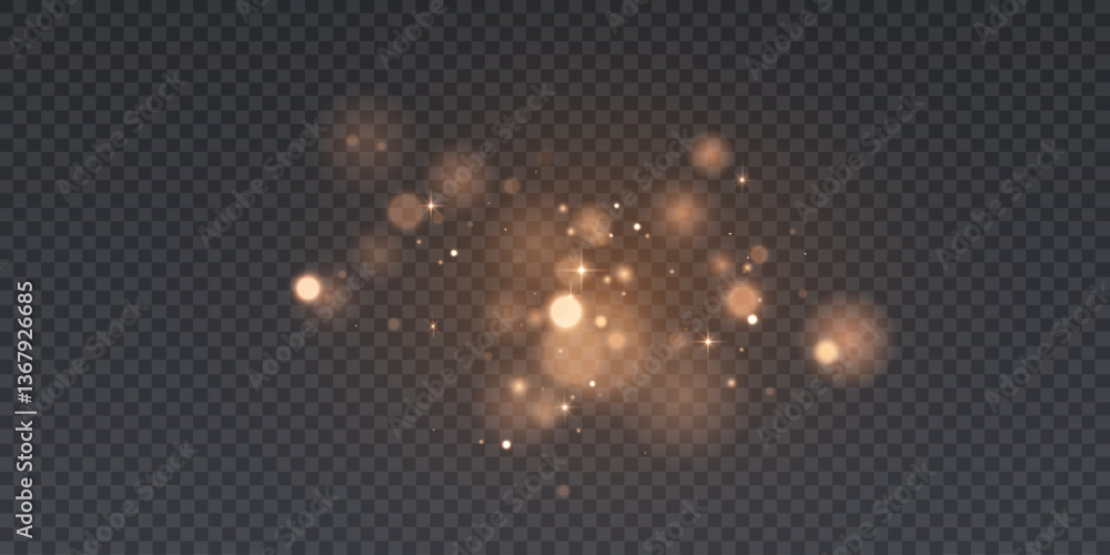 Poster Golden glitter particles with bokeh effect and soft shimmering glitter glow on a transparent background.