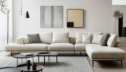 Modern Sectional Sofa in a Light Beige Fabric Stylish Living Room Interior Design with Abstract Art