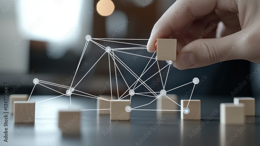 Poster hand connecting wooden blocks with string, symbolizing a network or communication concept on a desk.