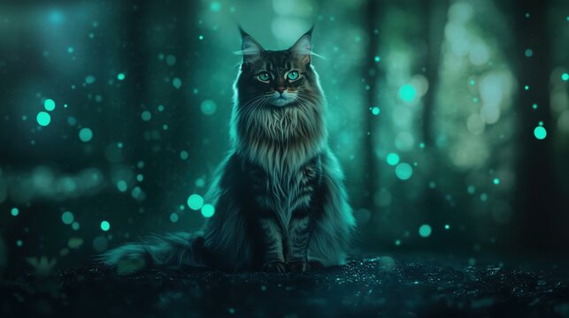 Mystical long-haired cat with emerald green eyes on a luminous Bokeh stage - Powered by Adobe