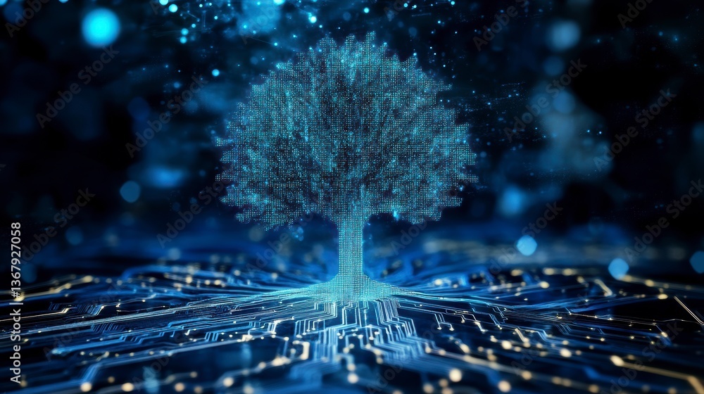 Poster glowing digital tree growing from a circuit board, representing technology and nature.