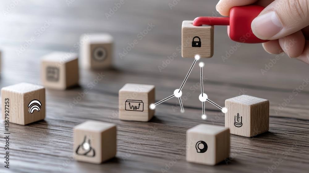 Poster hand connecting wooden blocks with technology icons, illustrating network and data security concept.