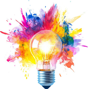Concept of innovation or idea, colorful paint explosion from a lit light bulb, isolated PNG on transparent background
