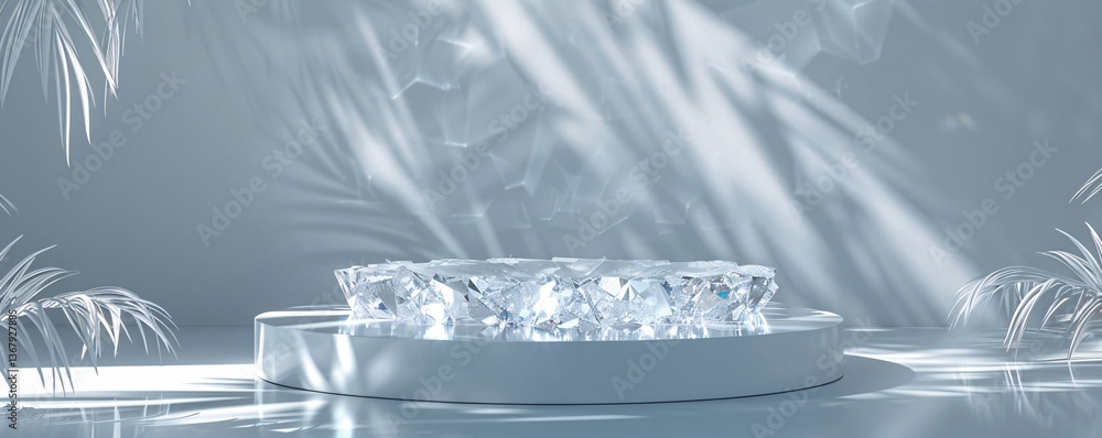 Aufkleber white round podium displaying crystal on top with tropical plants and light beams background for pro