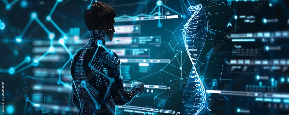 Poster Scientist analyzing dna structure on a futuristic interface with data and information, concept of genetics research