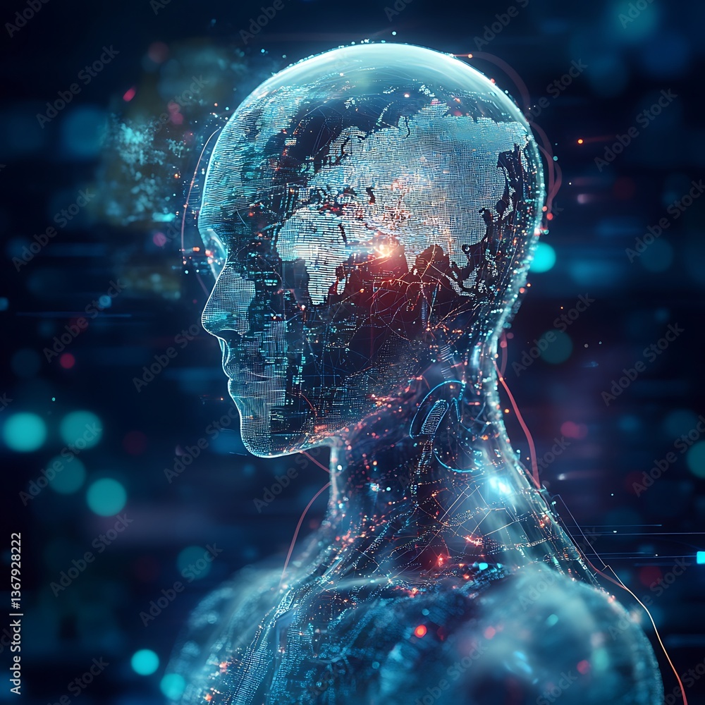 Poster global ai network. human-like figure, with a visible world map inside the head, connected by glowing