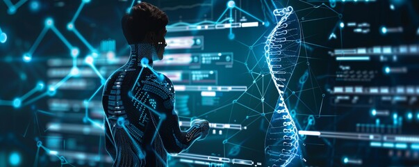 Scientist analyzing dna structure on a futuristic interface with data and information, concept of genetics research