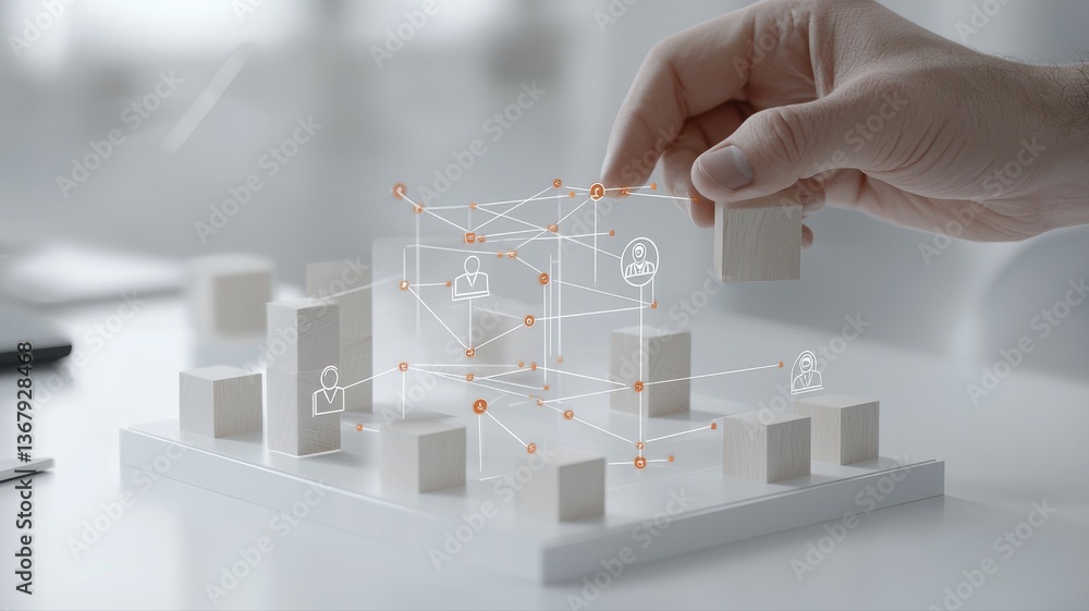 Poster hand interacting with abstract digital blocks, representing a networked system with holographic conn