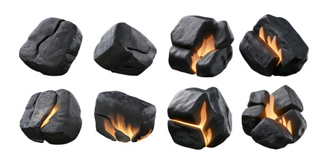 Realistic Black Coal Pieces with Glowing Flames for Dynamic Imagery, isolated on transparent background