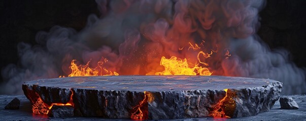 Stone podium engulfed in flames against a dark backdrop, ideal for showcasing your product