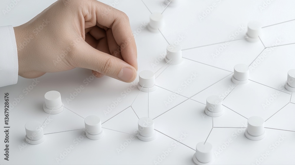 Poster hand interacting with abstract network of white pegs on a white surface, symbolizing connection and 