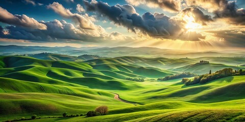 Obraz premium Panoramic Green Hills Long Exposure Photography - Serene Landscape