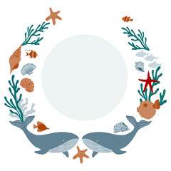 Circle Template with underwater elements . Whale, fugu fish, fish, algae. Marine wreath for posters or nautical borders, background for invitation or greeting cards © VasilisaStArt