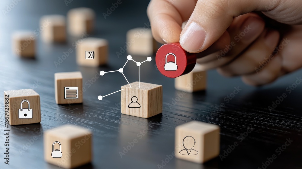 Aufkleber hand placing red security icon on cube, symbolizing data protection and network security on a digita