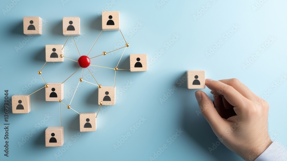 Poster hand placing wooden blocks with human icons symbolizing networking and team management on blue backg