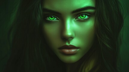 Hyper-realistic portrait of a woman with emerald green eyes and a mysterious green glow