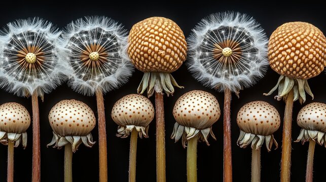 Dandelion seed heads, various stages, dark background, nature study, botanical photography