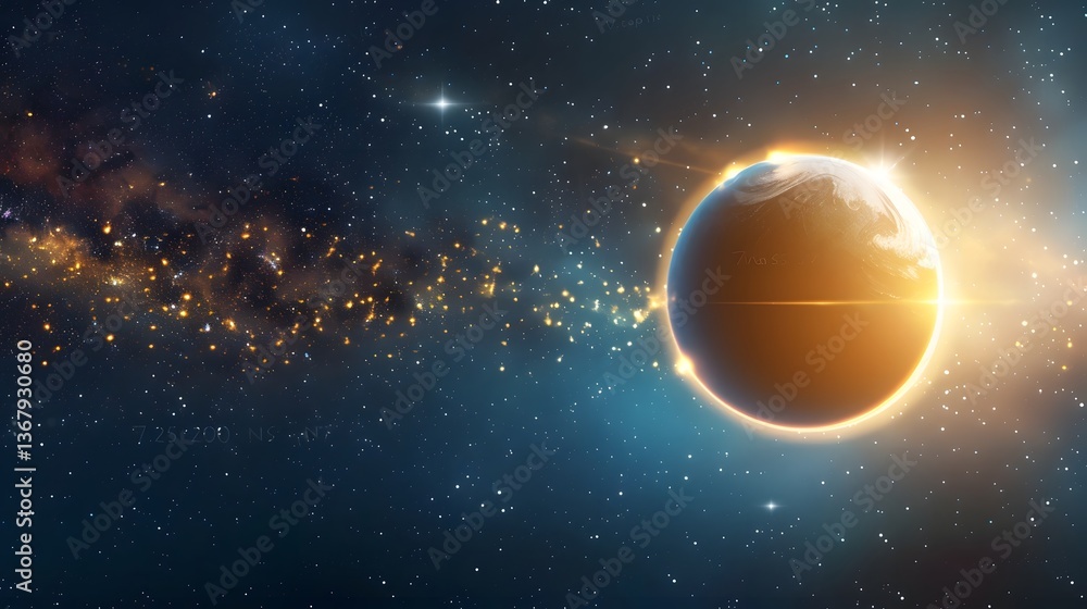 Poster captivating celestial eclipse pattern with glowing golden rings surrounded by cosmic dust and deep b