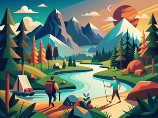 Vibrant Digital Illustration of Scenic Mountain Landscape with Hikers and River at Sunset