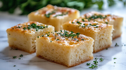 A freshly baked focaccia bread loaf, sprinkled with herbs, sits on a clean, empty background, symbolizing warmth, comfort, and culinary craftsmanship in a modern, minimalistic setting
