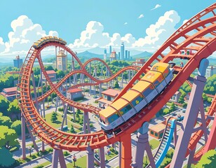 Roller Coaster Ascending Track with Cityscape Background Under Sunny Blue Sky