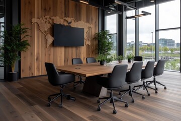 A sleek, modern conference room featuring a large wooden table surrounded by black chairs, providing a professional atmosphere for meetings and collaboration.