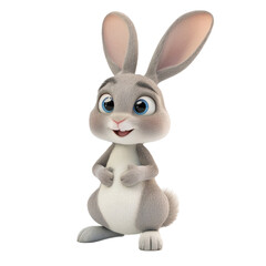 Cute gray cartoon bunny with big ears and blue eyes standing