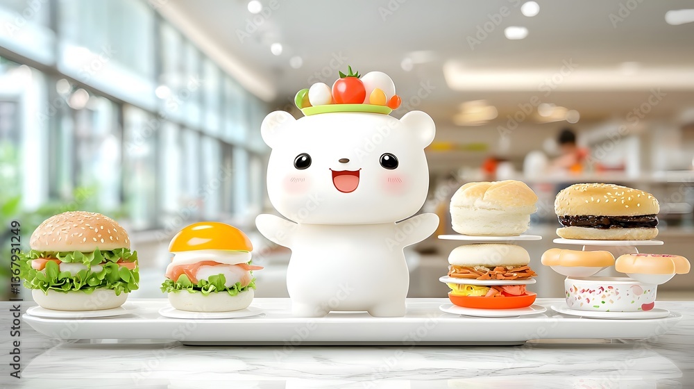 Poster cheerful 3d animated bear character displaying bright flashcards with various food items as children