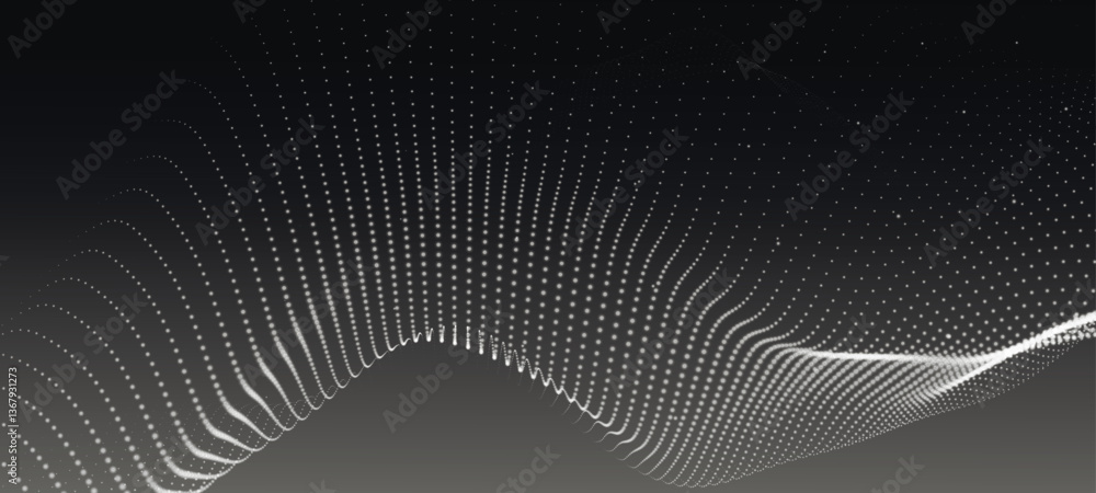 Poster abstract background with dynamic black and white wave. futuristic dotted wave of bright particles on
