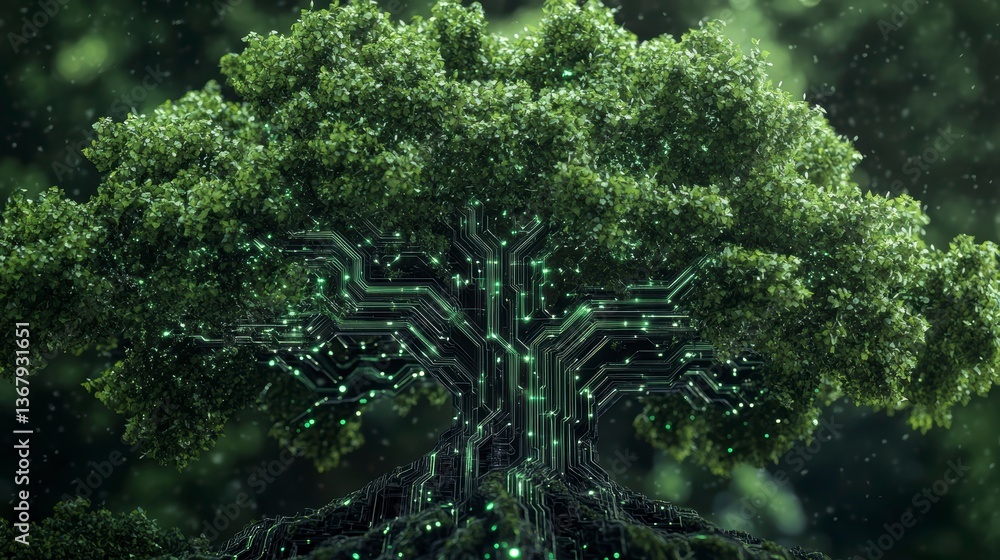 Poster futuristic tree with glowing circuit board veins and roots.