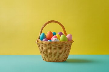 Naklejka premium Minimalist Easter basket filled with chocolate eggs and candy, bright and cheerful colors, festive composition