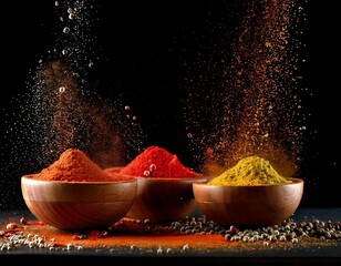 Colorful spices and peppers in wooden bowls flying over black background