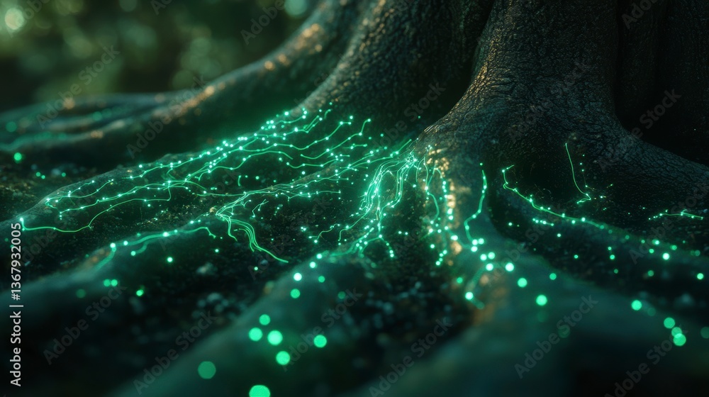 Poster glowing green roots and tree trunk in dark forest.