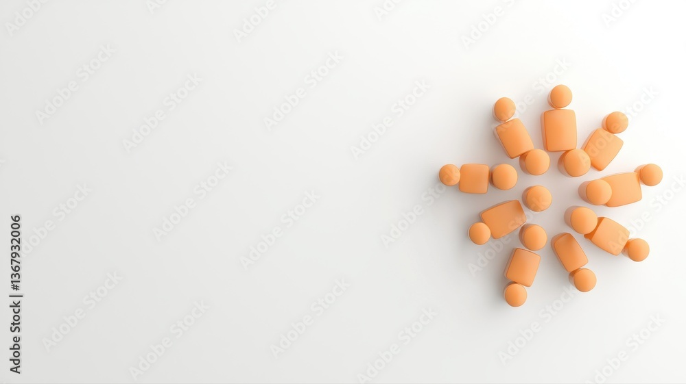 Poster minimalist composition with orange figures organized in a circular pattern on a white background.