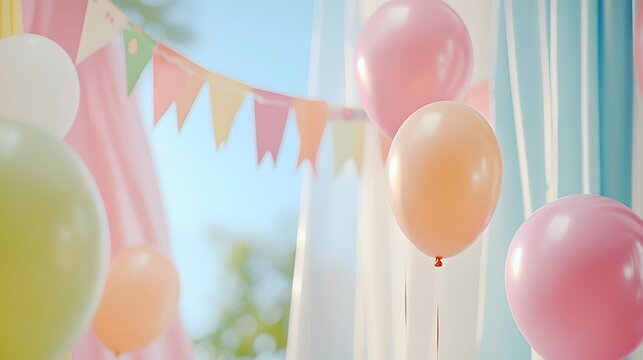 Colorful birthday party decor including banner balloons ribbons and festive elements hanging in a warm cozy room setting  Celebrating a joyous occasion with a festive and cheerful atmosphere