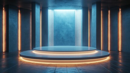 A futuristic podium with holographic projections, clean and minimalistic design, and floating transparent screens