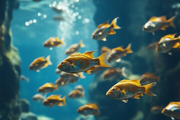 Naklejka premium A school of fish swimming together in perfect harmony, creating a fluid, synchronized pattern in the water