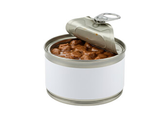 A silver metal can of cat food with a pull-tab opening isolated on transparent background