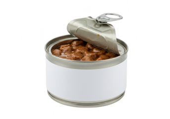A silver metal can of cat food with a pull-tab opening isolated on transparent background