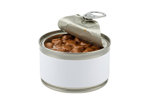 A silver metal can of cat food with a pull-tab opening isolated on transparent background