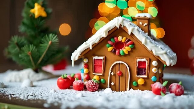 Ginger bread house with sweets and bokeh lights
