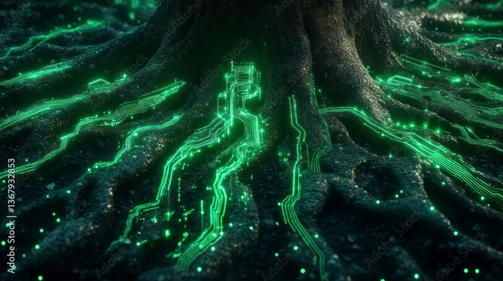 Poster Glowing green circuit lines resembling roots beneath a dark tree trunk.