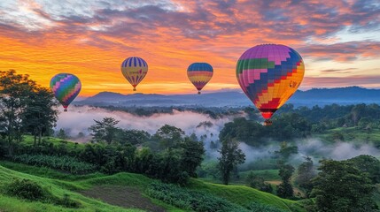 Fototapeta premium Colorful Hot Air Balloons Over Misty Mountains at Sunrise