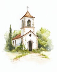 Naklejka premium Abandoned church surrounded by overgrown vegetation featuring a cross on the front in an eerie and gloomy landscape