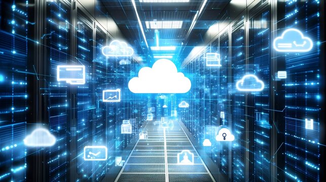 Cutting Edge Cloud Computing Data Center with Futuristic Cybersecurity and Real Time Analytics Displays A visually stunning digital infrastructure showcasing the future of cloud computing