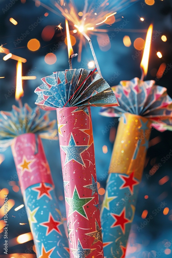 Poster three colorful party firecrackers with lit sparklers burning in the background