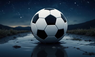 Soccer ball on wet ground at night