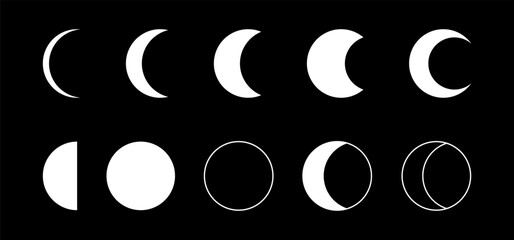 Moon and crescent moon, set of white silhouettes isolated on a black background. Different shapes of moon. Vector icon, illustration, design element. © IrinaUljankina