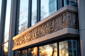 This image showcases an intricate architectural detail with golden embellishments against a glass facade, highlighting a fusion of elegance and modern design elements.