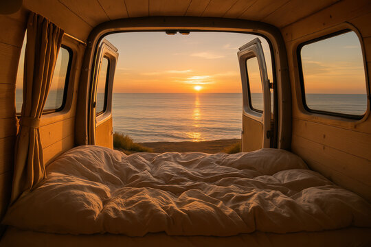  Lit douillet dans un van am&eacute;nag&eacute; avec vue sur la mer au coucher du soleil, portes ouvertes, ambiance nomade et po&eacute;tique